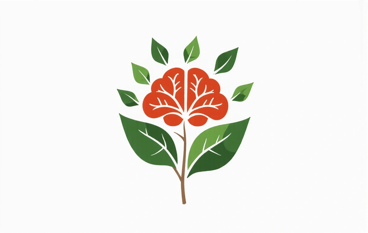 Abstract illustration of interconnected brain, heart, and leaves, representing holistic health