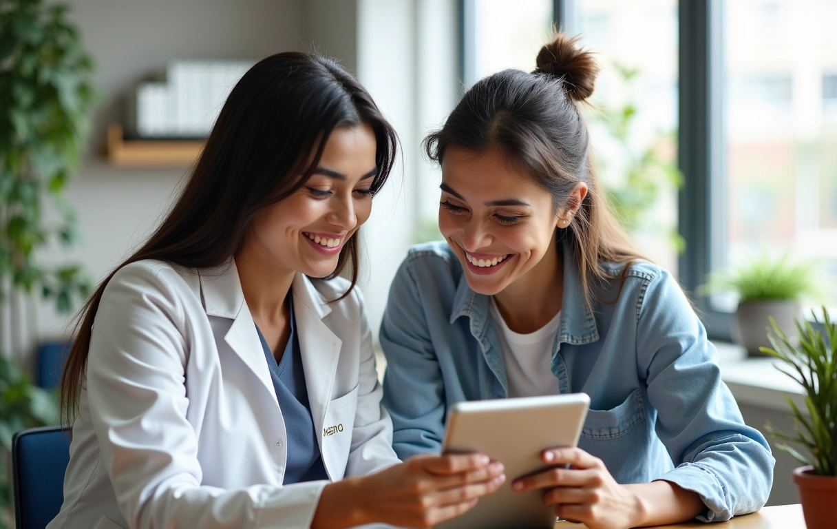 Dr. Anya Sharma consulting with a client in a modern, bright office setting
