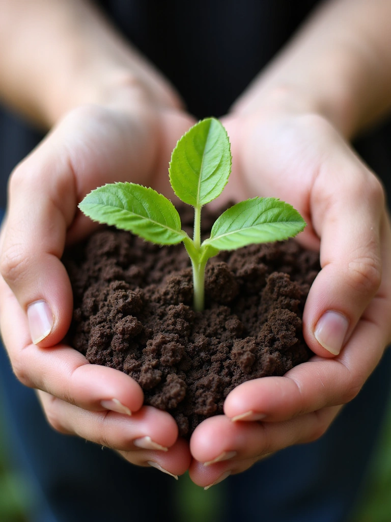 Hands holding a small plant growing from soil, symbolizing growth and sustainability