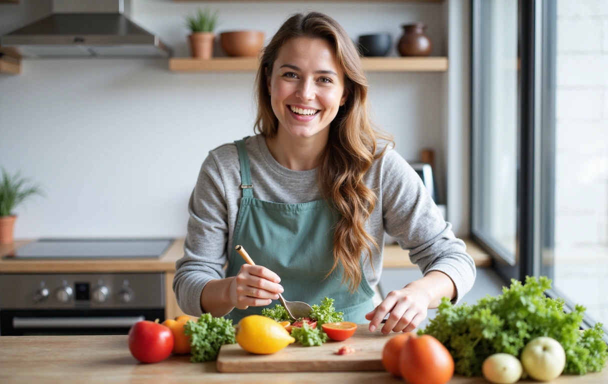 Woman happily cooking a healthy meal in a modern kitchen, symbolizing practical application of nutrition