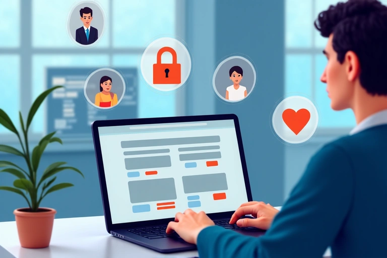 Un usuario navegando de forma responsable en un ordenador portátil, con iconos de seguridad y privacidad en la pantalla.