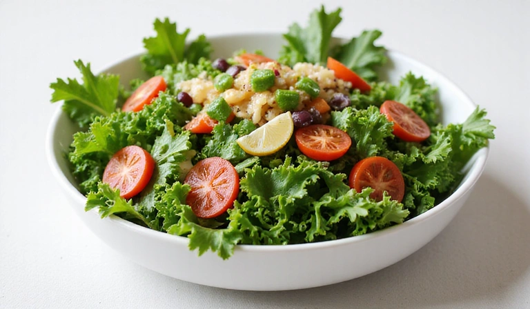 A vibrant bowl of fresh salad with various greens, vegetables, and a light dressing, symbolizing healthy eating and nutrition.