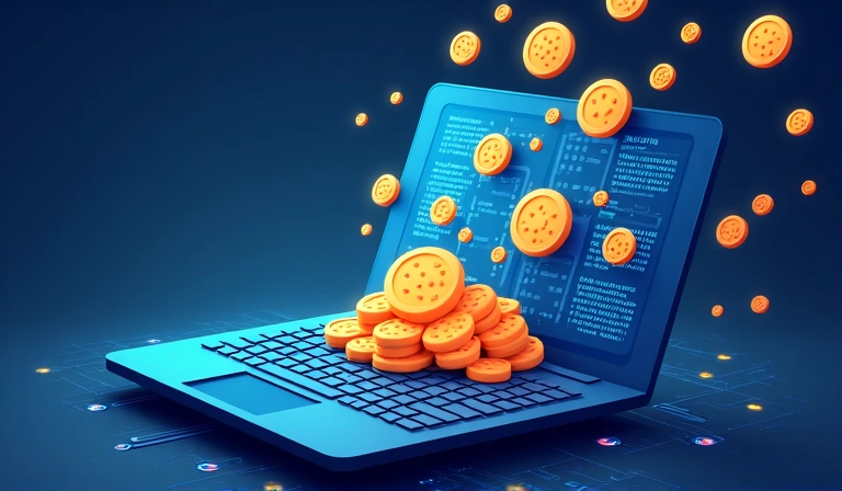 Ilustración de galletas de internet y un ordenador, simbolizando el uso de cookies en la web.