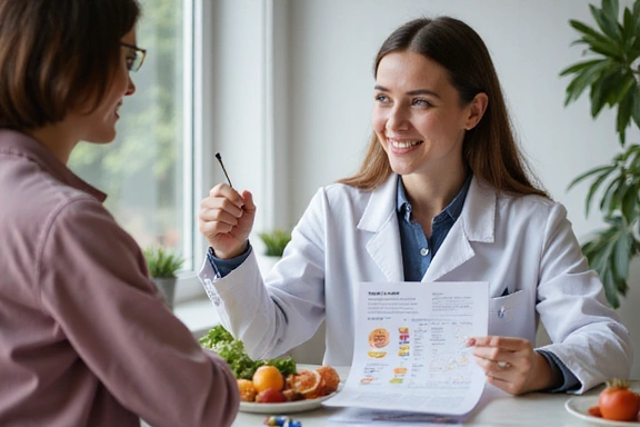 Una nutricionista explicando gráficos y resultados a un paciente, enfocándose en el manejo de una condición de salud específica.