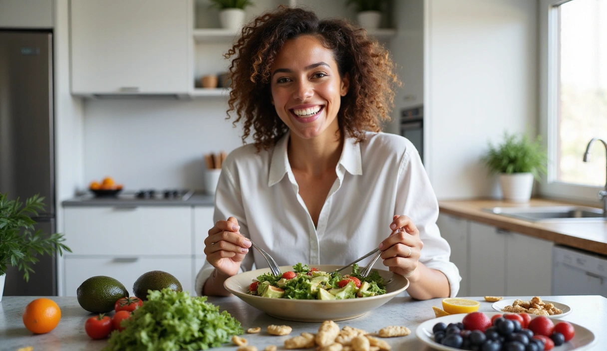 Una mujer sonriente disfrutando de una ensalada fresca y colorida en un entorno luminoso, simbolizando vida saludable y nutrición.