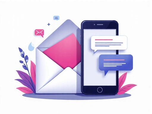 Ilustración de un icono de sobre grande y un teléfono con burbujas de chat, simbolizando la facilidad de contacto.