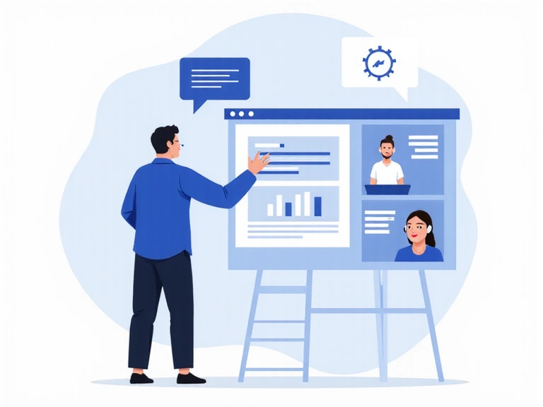 Ilustración de una persona interactuando con una interfaz digital que muestra iconos de comunicación, análisis y servicio al cliente, simbolizando el uso de datos.