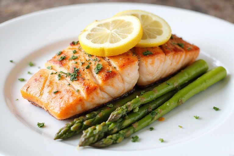 Un plato de salmón al horno con espárragos y rodajas de limón, presentado de forma elegante en una vajilla blanca.