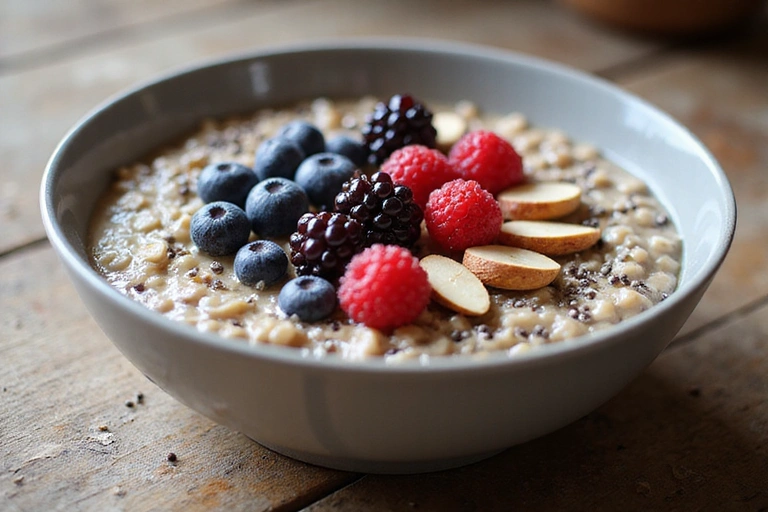 Un tazón de avena con frutas frescas, nueces y semillas, servido sobre una mesa de madera con luz natural, simbolizando un desayuno nutritivo.