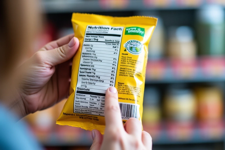 Una persona sosteniendo un paquete de alimentos, señalando la etiqueta nutricional con un dedo, con gráficos y números de información nutricional en el fondo.