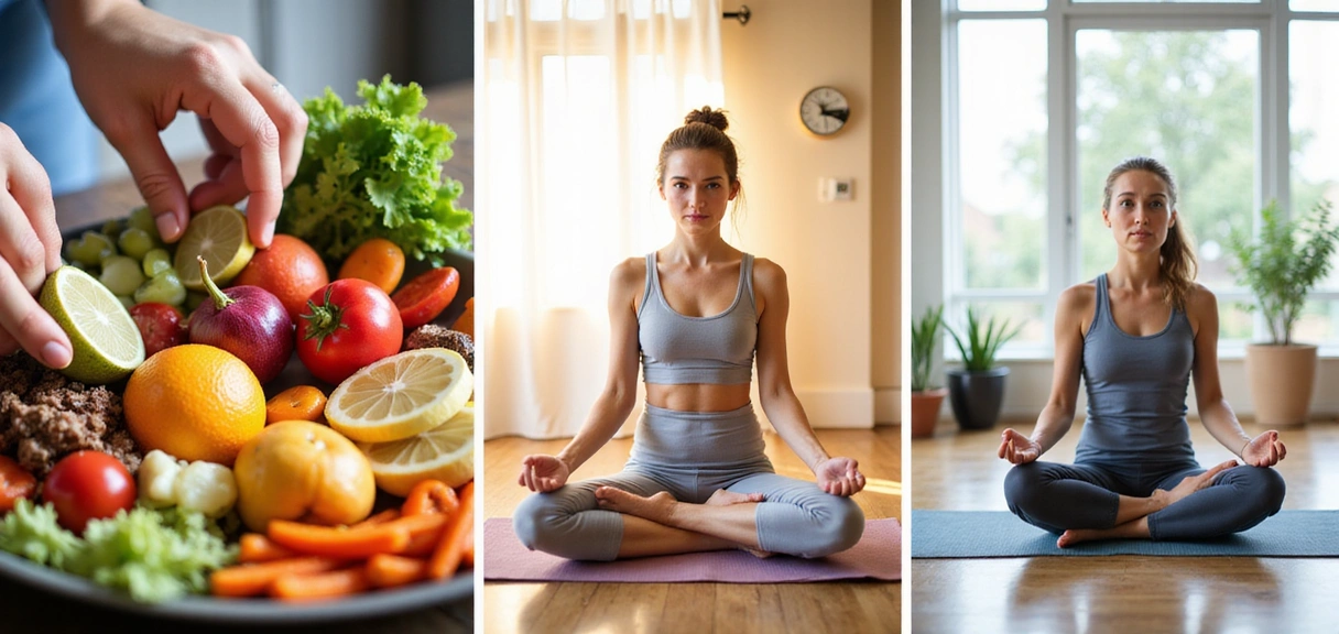 A collage of hands preparing healthy food, a person exercising, and a person meditating, symbolizing holistic health and wellness services.