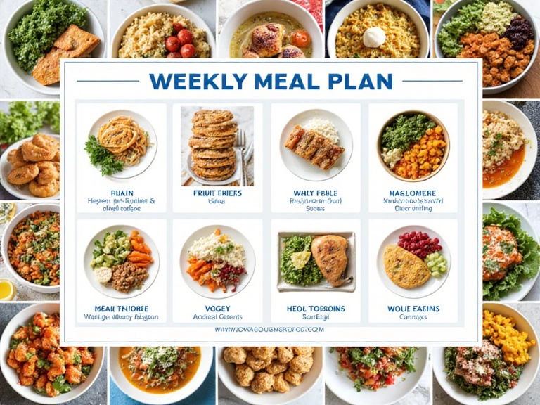 Una variedad de comidas saludables y coloridas dispuestas en un plan de alimentación semanal.